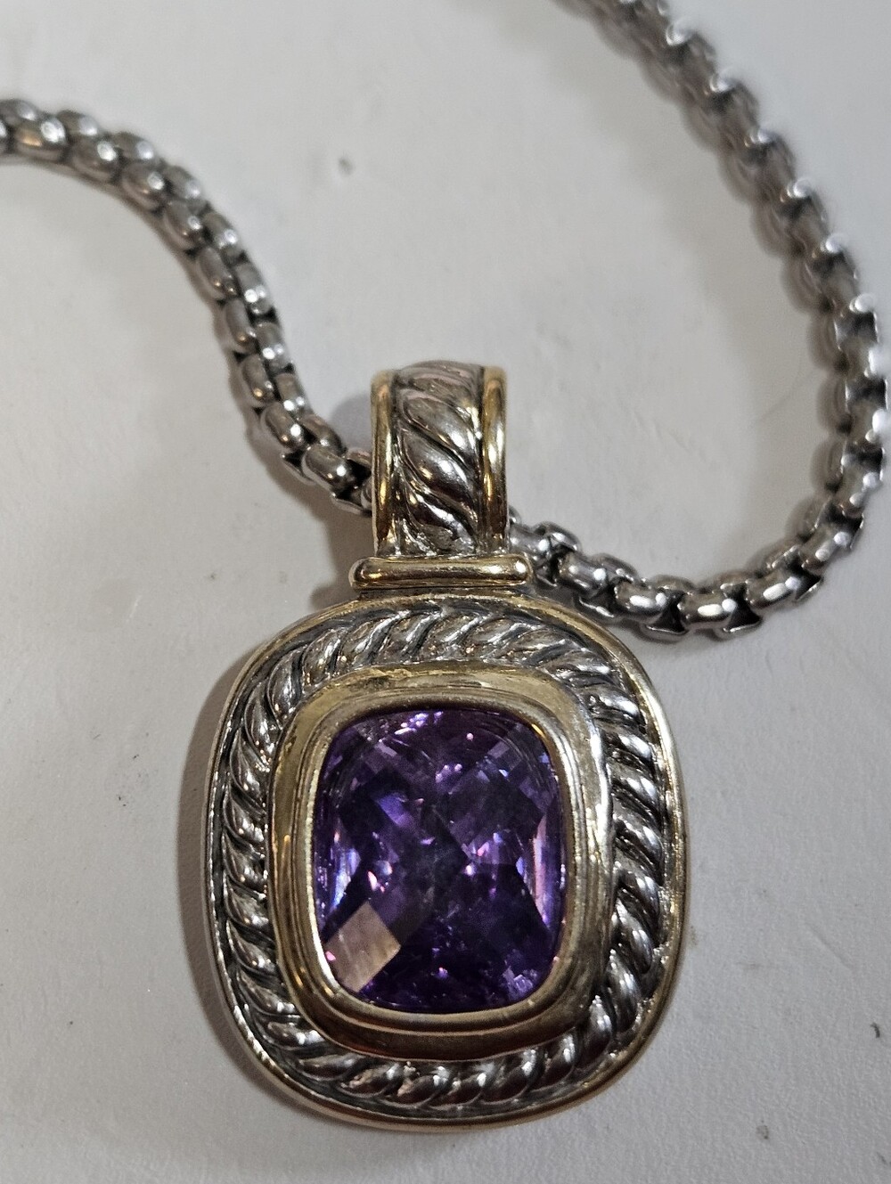 David Yurman Style Amethyst Silver & Gold Tone Pendant Necklace